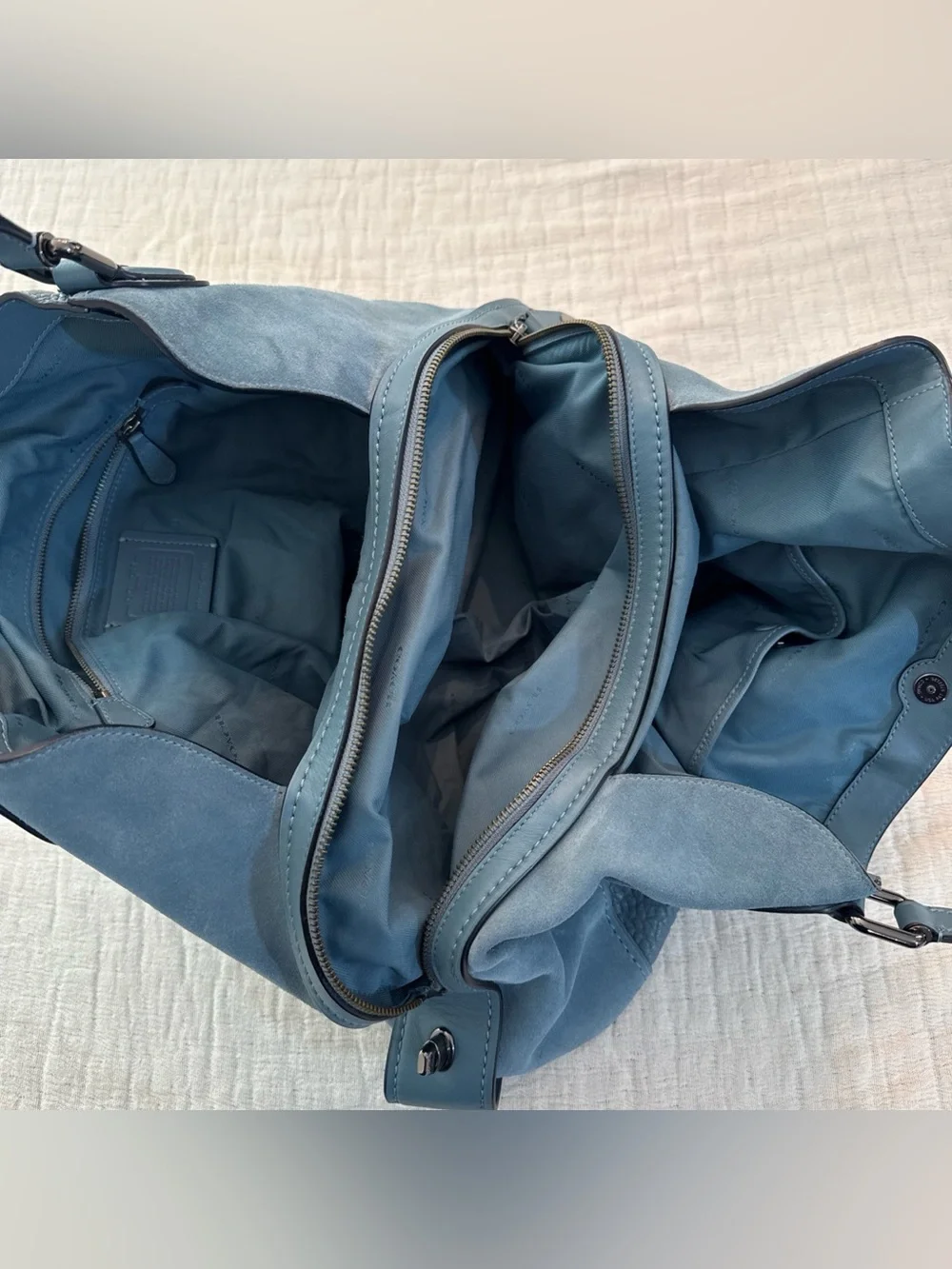 Coach Edie 42 Buffalo-Embossed Mixed Leathers Blue Large Shoulder Bag